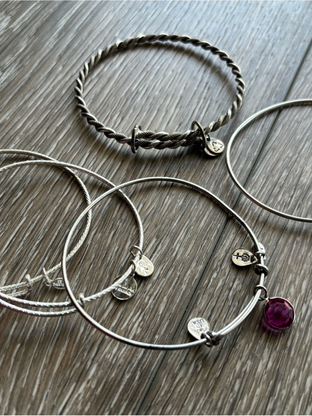 Alex and Ani Silver-Tone Expandable Bracelet with Purple Faceted Charm